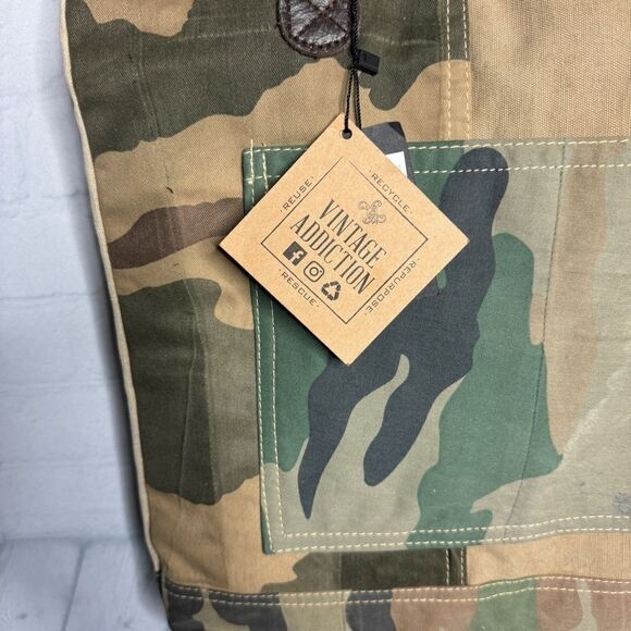 NEW Vintage Addiction tan recycled canvas leather camo print large tote bag - Picture 5 of 12